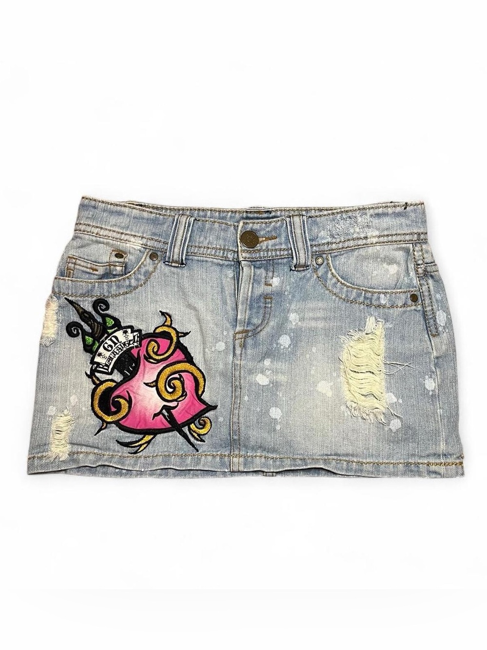 Y2K grunge denim heart dagger distressed indie 2000s Japanese mini skirt